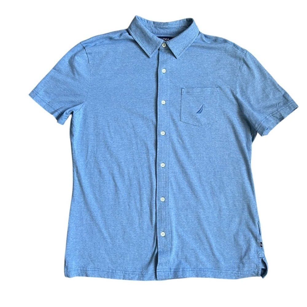 Nautica men’s 100% cotton light blue button up polo shirt size medium